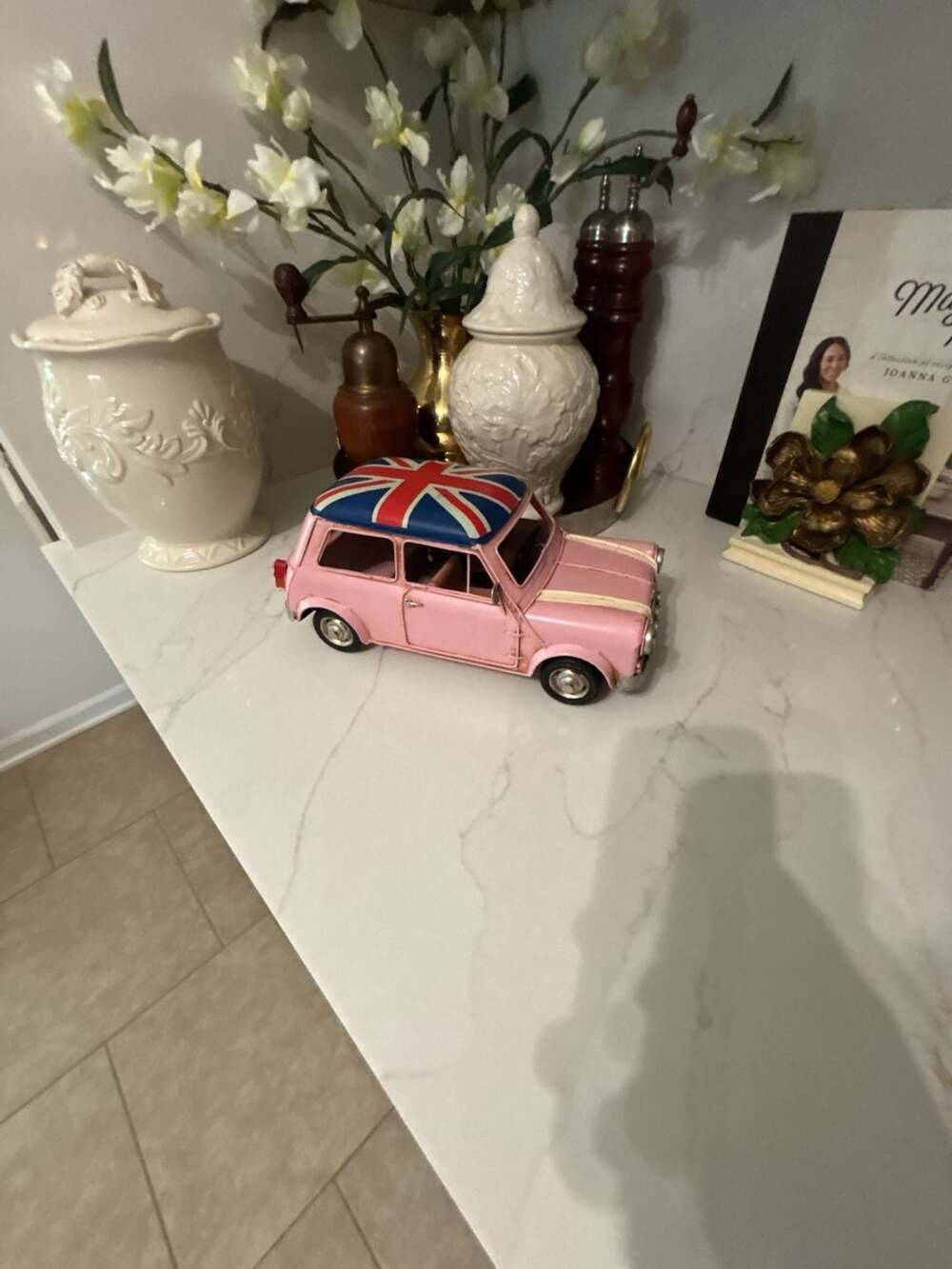 Vintage Style Pink Metal Mini Cooper Model Car with Union Jack Roof